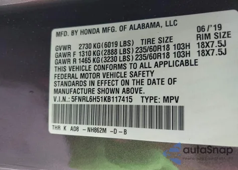 2019 Honda Odyssey Ex z USA, uszkodzony, nr VIN 5FNRL6H51KB117415